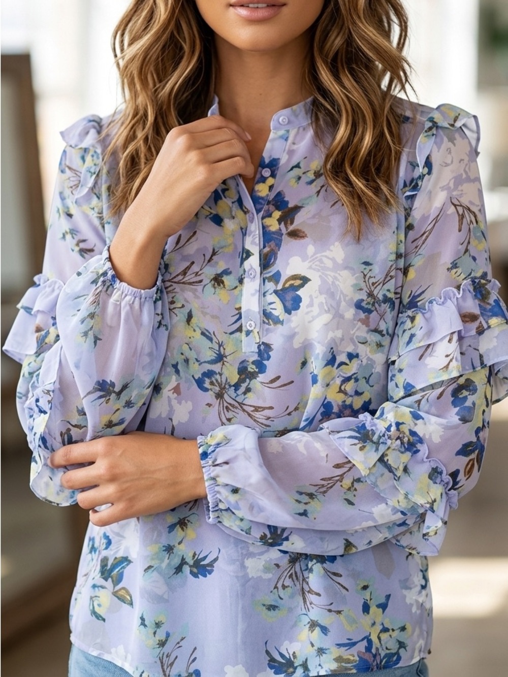 MISA Los Angeles Periwinkle Blue Floral Ruffle Sleeve Semi-Sheer Blouse Sz Small